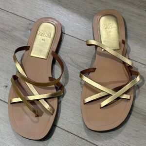 Zara Gold Leather Strappy Sandals